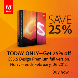 Today only! Get 25% off the Adobe CS5.5 Design Premium suite, full or education Today only! Get 25% off the Adobe CS5.5 Design Premium suite, full or education