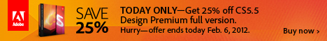 One Day Deal: Save 25% on the Adobe CS5.5 Design Premium suite, full or education! One Day Deal: Save 25% on the Adobe CS5.5 Design Premium suite, full or education!