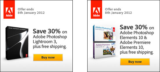 Save 30% on Adobe Lightroom 3 or new Photoshop & Premiere Elements 10! Save 30% on Adobe Lightroom 3 or new Photoshop & Premiere Elements 10!