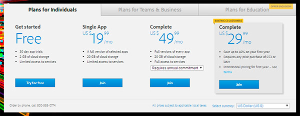 Available Plans to Join/Renew Adobe Creative Cloud Membership