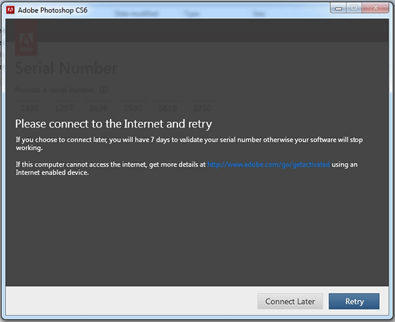 Adobe CS6 Installation: Please connect to the Internet and retry